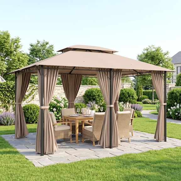 Outsunny 10' x 13' Metal Gazebo Tent, Outdoor Canopy for Patio with Sidewalls, Extra Large 2-Tier Roof & Netting for Backyard, Khaki