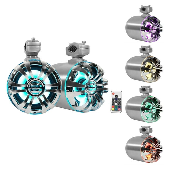 2) Rockville WB65KLED 6.5" 600w Metal Marine Wakeboard LED Tower Speakers Remote