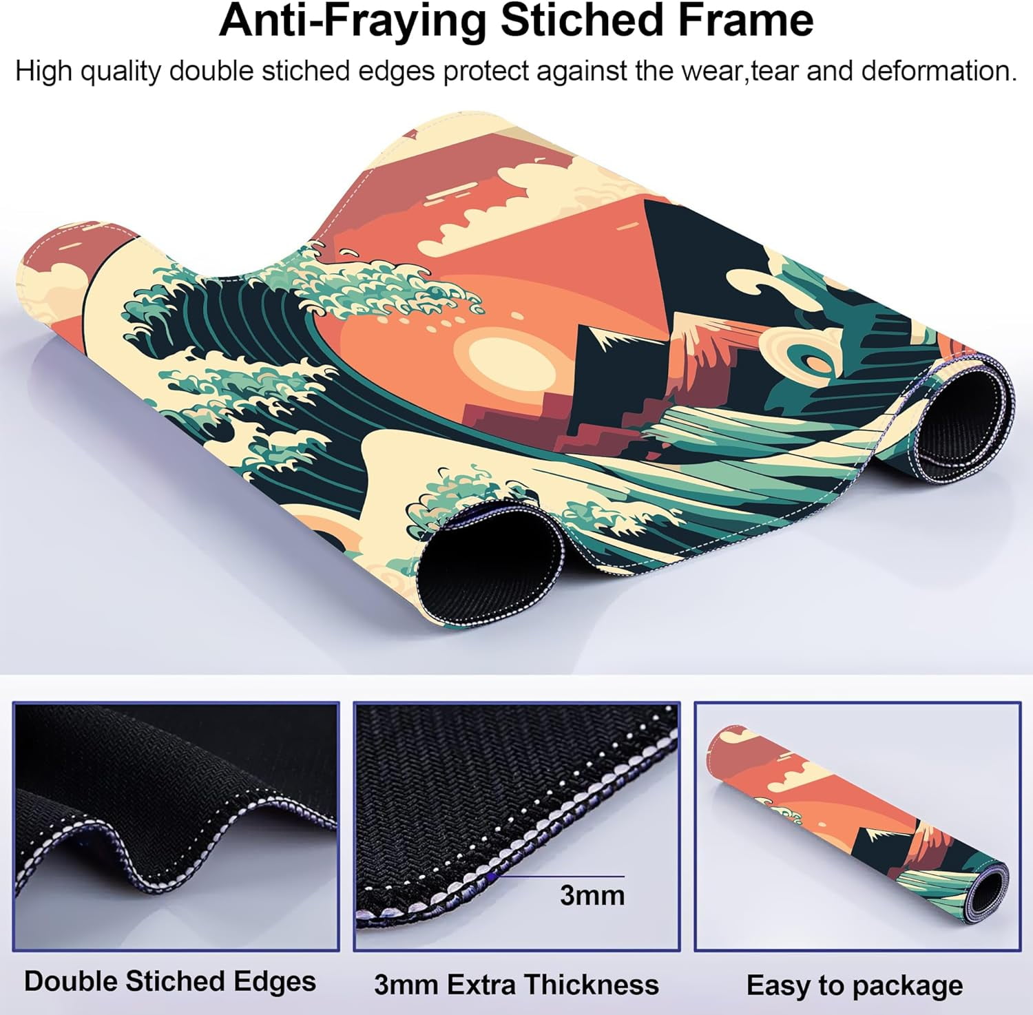 Gaming Mouse Pad, Japanese Sea Wave Sunset on Cloud Extended Large Desk Mat, Big Computer Keyboard Desk Pad, Stitched Edges Mousepad, 31.5 x 11.8 Inch Waterproof Desk Pad for Office Home