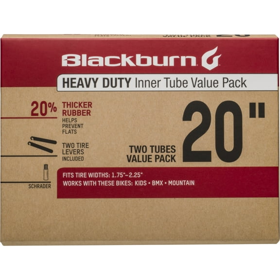 Blackburn Heavy Duty 20" Bicycle Inner Tube, 1.75" - 2.25", Schrader Valve (Value Pack 2), Black