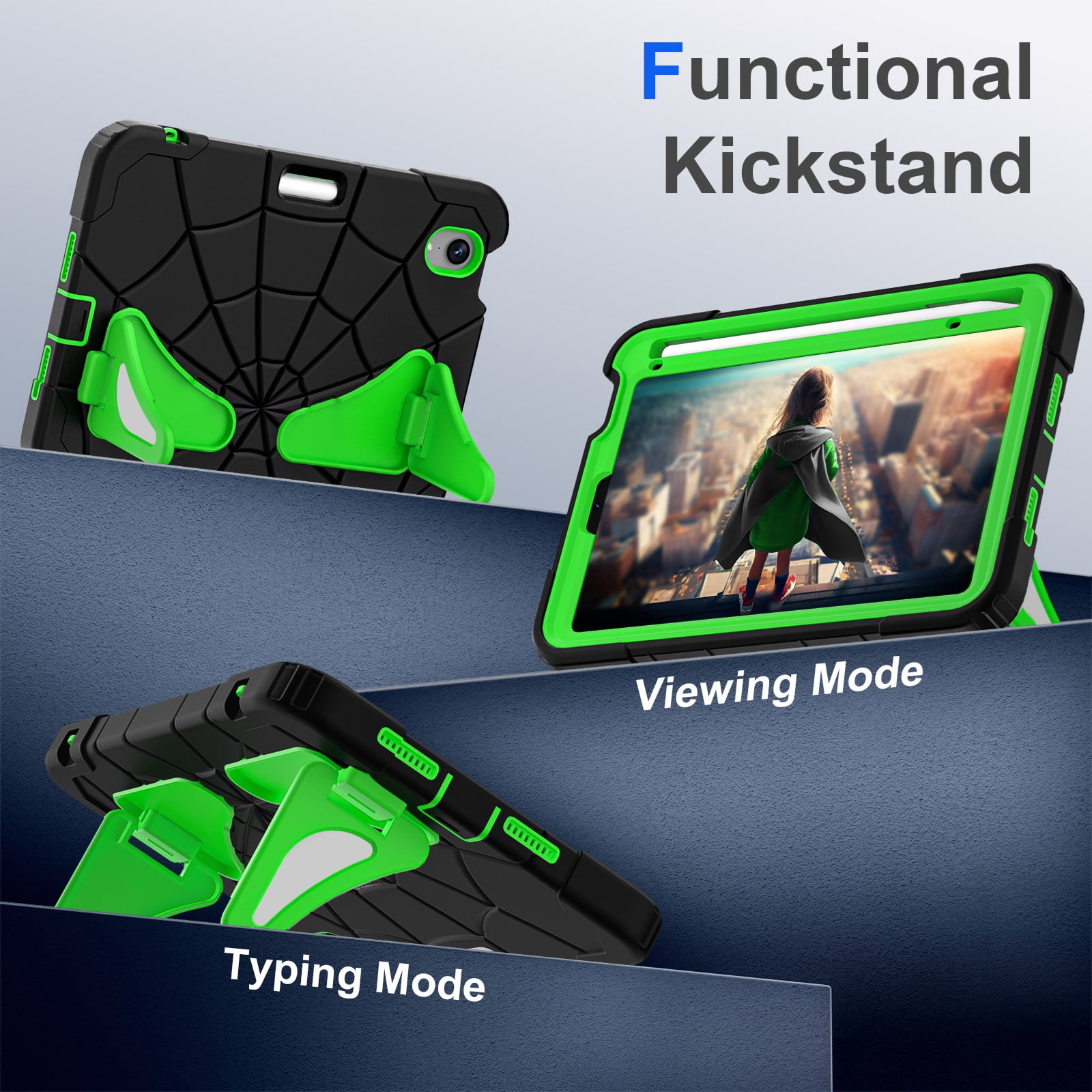ELEHOLD Kids Friendly Case For Apple iPad mini 7th(A17 Pro) 2024/6th, Heavy Duty Shockproof Rugged Protective Case with Pencil Holder Foldable Kickstand for Boys Children Case, Black+Green