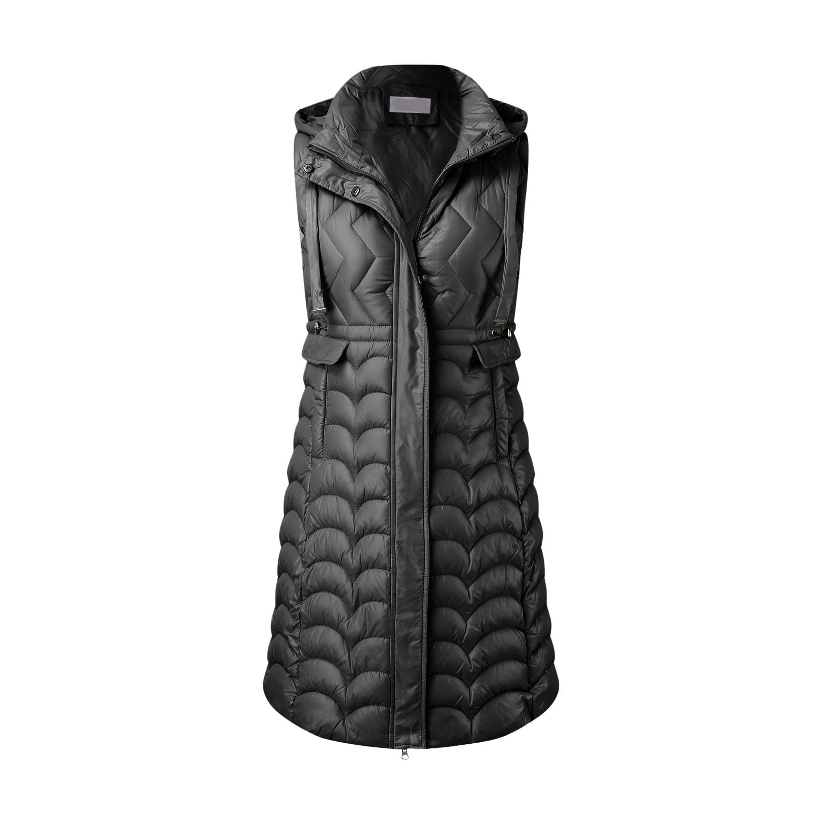 kpoplk Long Puffer Vest Women Hooded Maxi Length Sleeveless Puffer Vest  Padded Coat Winter Outerwear Khaki,XXL