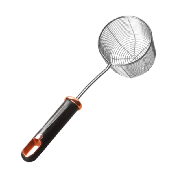 Cucharón espumadero Colador de malla Espumadera de cocina Utensilio de cocina Cesta pequeña para fideos mango negro