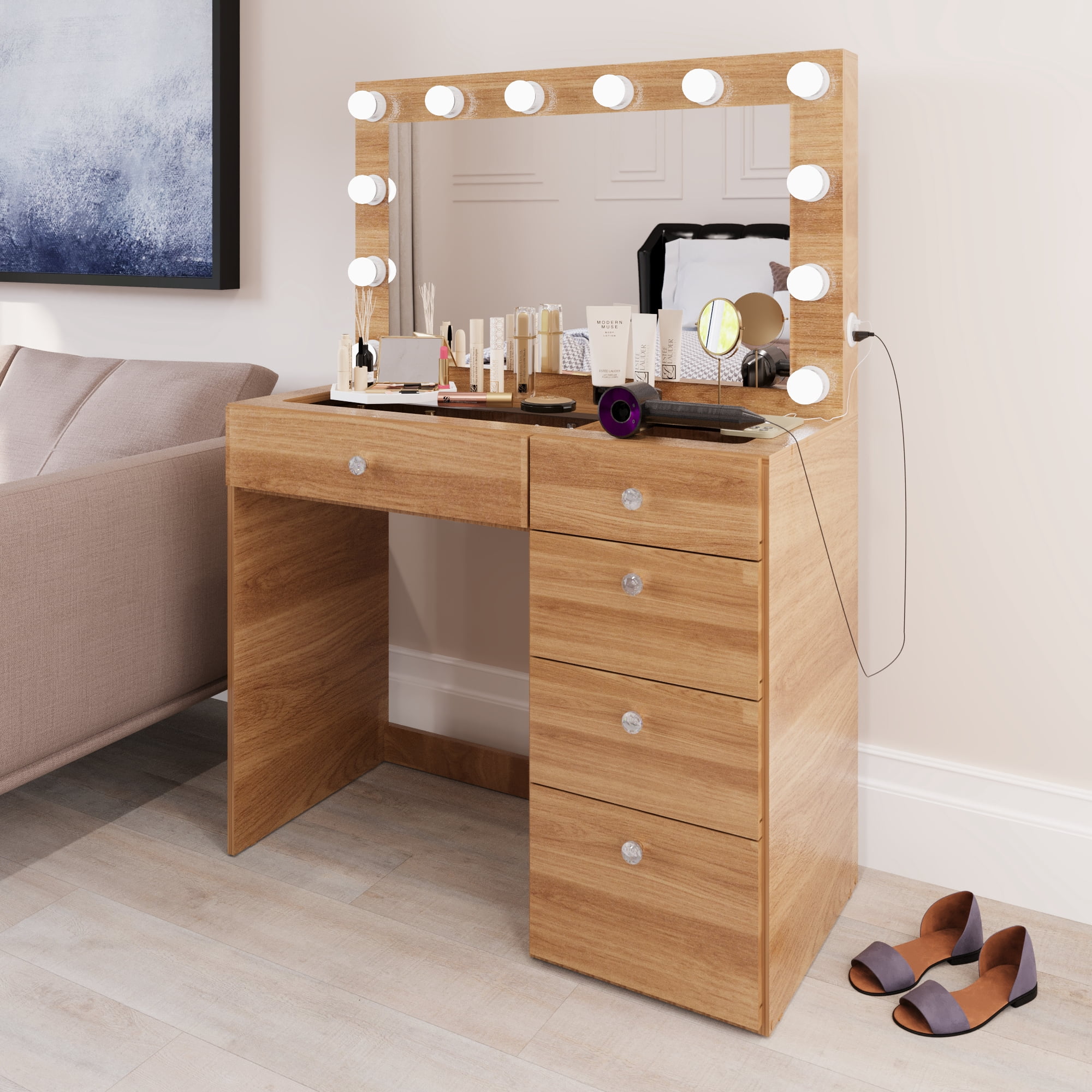 Ember Interiors Modern Brown Vanity Desk with Lights and Charging Station