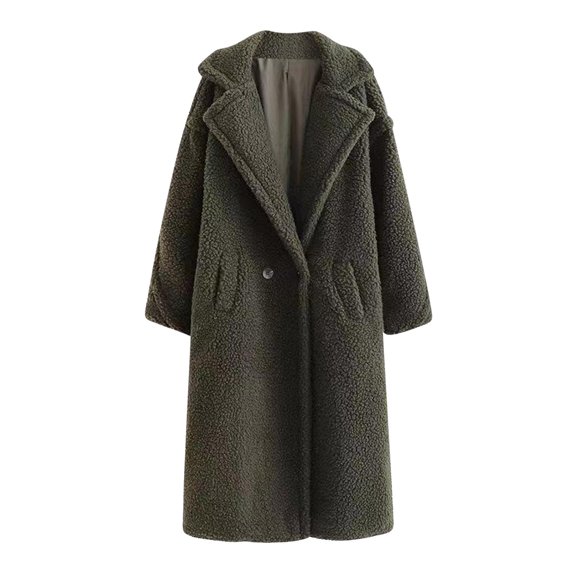 hoksml Women's Long Teddy Sherpa Fleece Coat Solid Color Notched Lapel Loose Thickened Warm Winter Jacket with Pockets