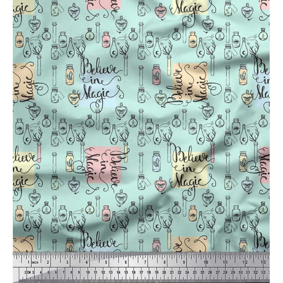 Soimoi Green Japan Crepe Satin Fabric Text & Perfume Bottle Women Print Fabric by the Yard 42 Inch Wide