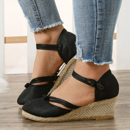 

MIASHUI shoes for women Women Shoes Linen Sandals Platform Wedge Sandals Fashion Versatile Braided Buckle Breathable Wedge Sandals