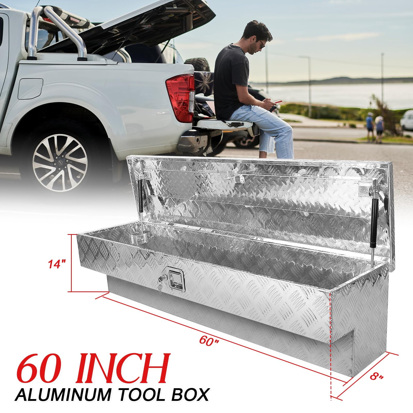 Confote 60 Inch Side Mount Tool Box with Paddle Latch Perfect for Pickup Trucks, Silver