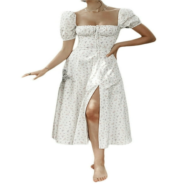 Robe Boho Florale pour Femmes à Manches Courtes Col Carré Haut Fendant Longue Robe Maxi
