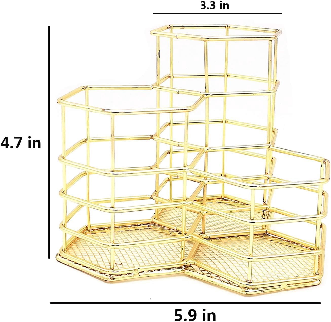 Metal Desk Organizer,Pencil Holders & Cosmetic Storage,Stylish Gold Desk Organizer for Pencils, Makeup Brushes,Gold Pen Holder with 3 Different Height Compartments - Elegant Desk Accessories