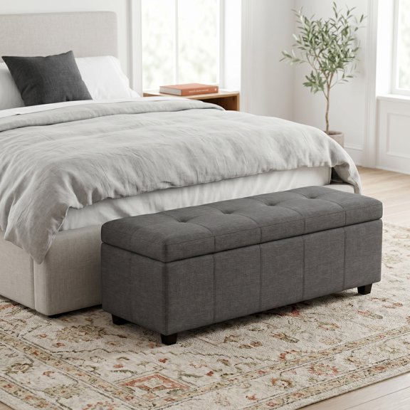 Simpli Home Castleford 48"W Linen Upholstered Storage Bench in Slate Gray