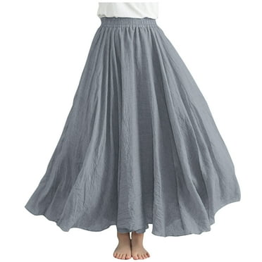 Busydd Women Casual Summer Large Solid Elastic Waist Flax A-line Ankle Skirt