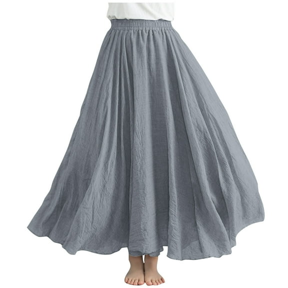 Busydd Women Casual Summer Large Solid Elastic Waist Flax A-line Ankle Skirt