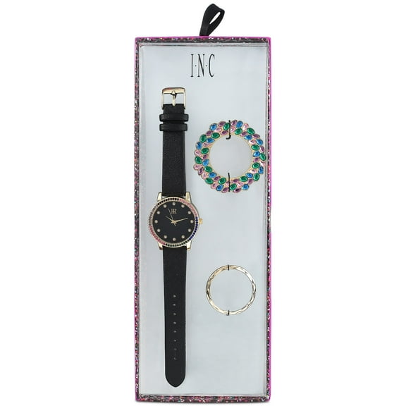 I.N.C. Women's Black Faux Leather Strap Watch 38mm with Interchangeable Bezel