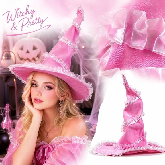IAJDKMEK Halloween Witch Hat Tulle Trim – Pointed Top Pink Twist Costume Cap for Women Halloween Costumes Wizard Hat Party