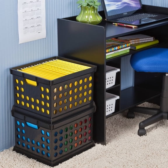 Storage Crate Black Plastic Stackable Utility Bin, Portable with Built-In Handles, 30.6L Capacity