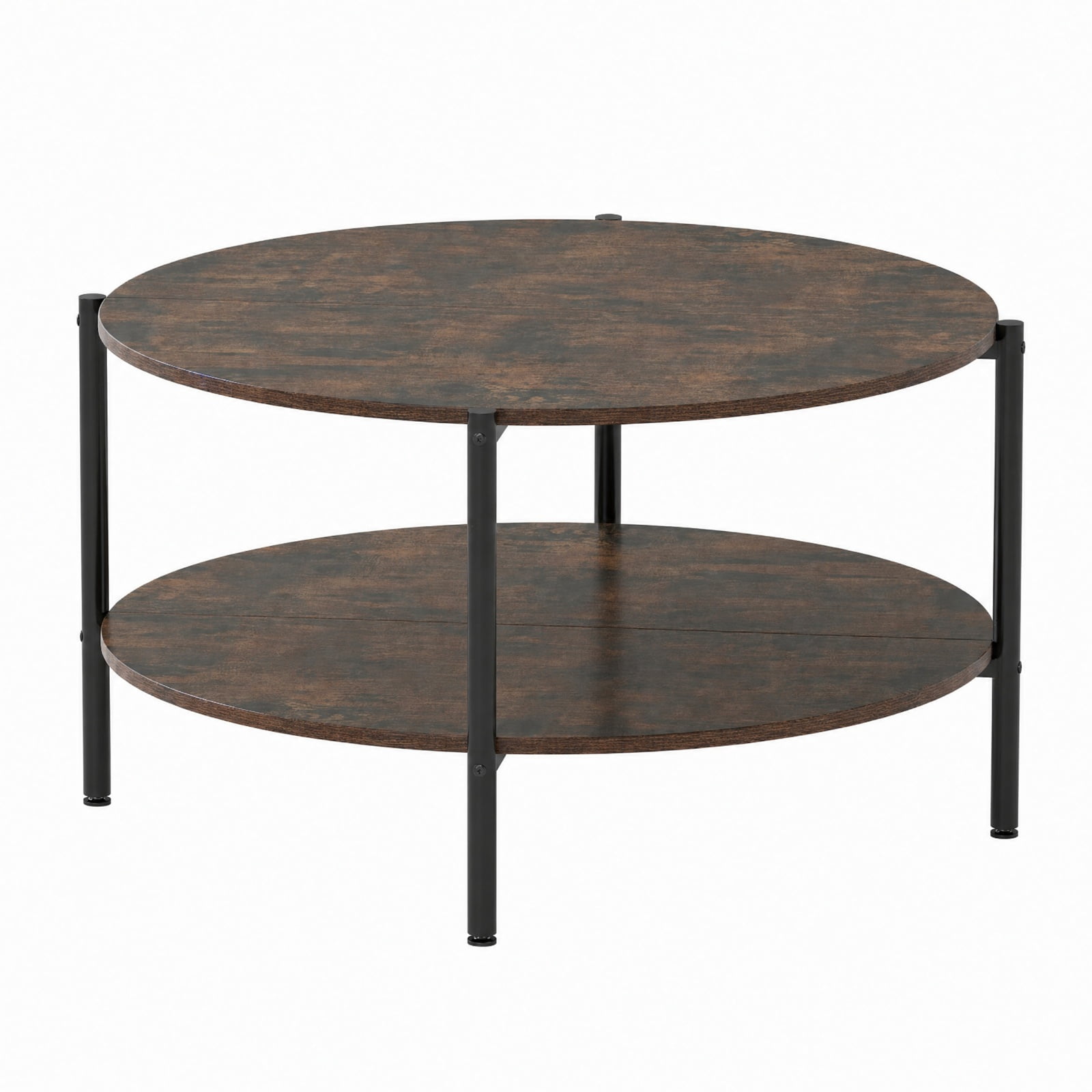 Furnibear Round Industrial Coffee Table 2 Tier Accent Table with Open Storage Shelf for Living Room Rustic Farmhouse, Rustic Brown