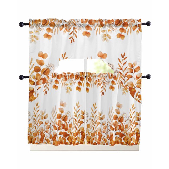 Orange Eucalyptus Leaves Swag Curtains for Living Room/Bedroom Windows, Watercolor Spring Summer Botanical Kitchen Curtains and Valances Set 36 Inch Length, Swags Valance Curtain Panels