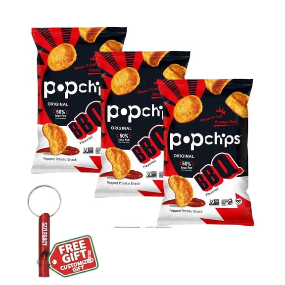 Popchips BBQ Popped Potato Chips Snack Bonus Customized Emergency Whistle, Original Salty Barbeque Pop Chips Baked Snack Individual Bags Treat Stuffers Favor 2.5 oz 3 Pack