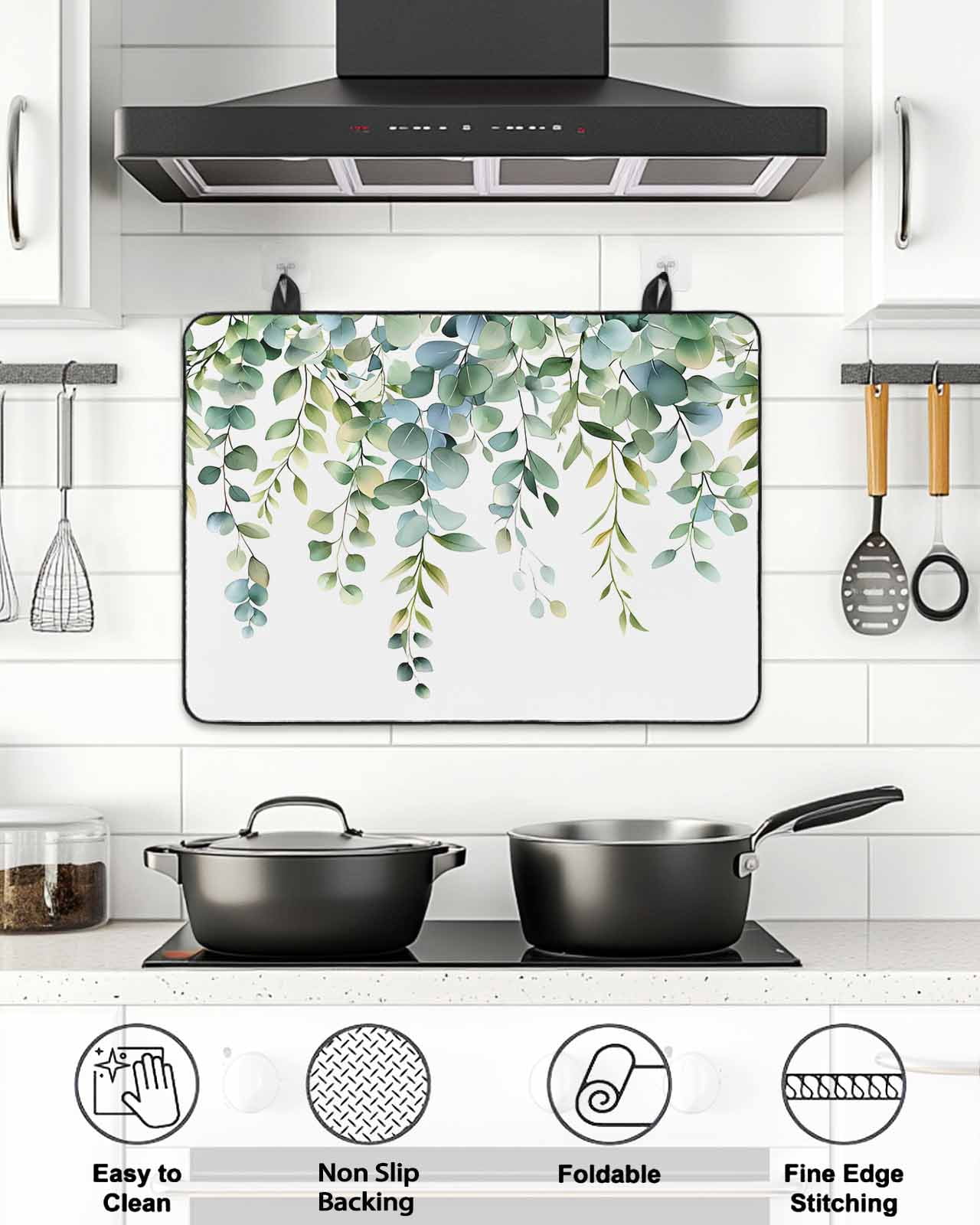 Stove Top Covers for Electric Stove, Eucalyptus Green Glass Stovetop Cover Protector, Gradient Leaves Retro Watercolor Plant Induction Cooktop Protector Oven Mat for Kitchen Countertop 24"x21"