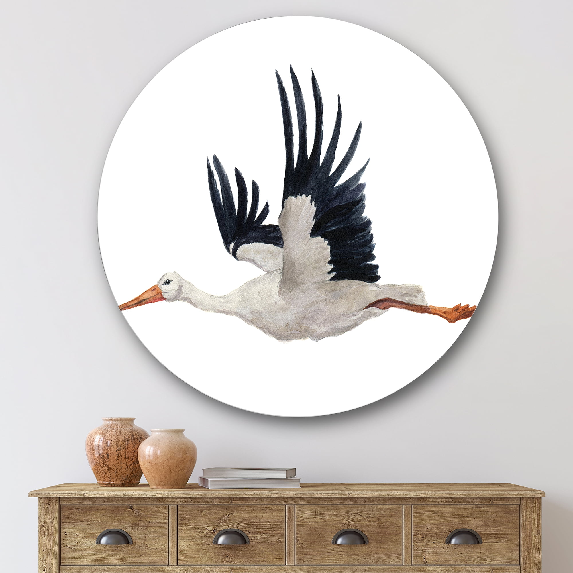 Designart 'White Stork Ciconia Flying Bird ' Traditional Circle Metal Wall Art 29x29 - Disc of 29