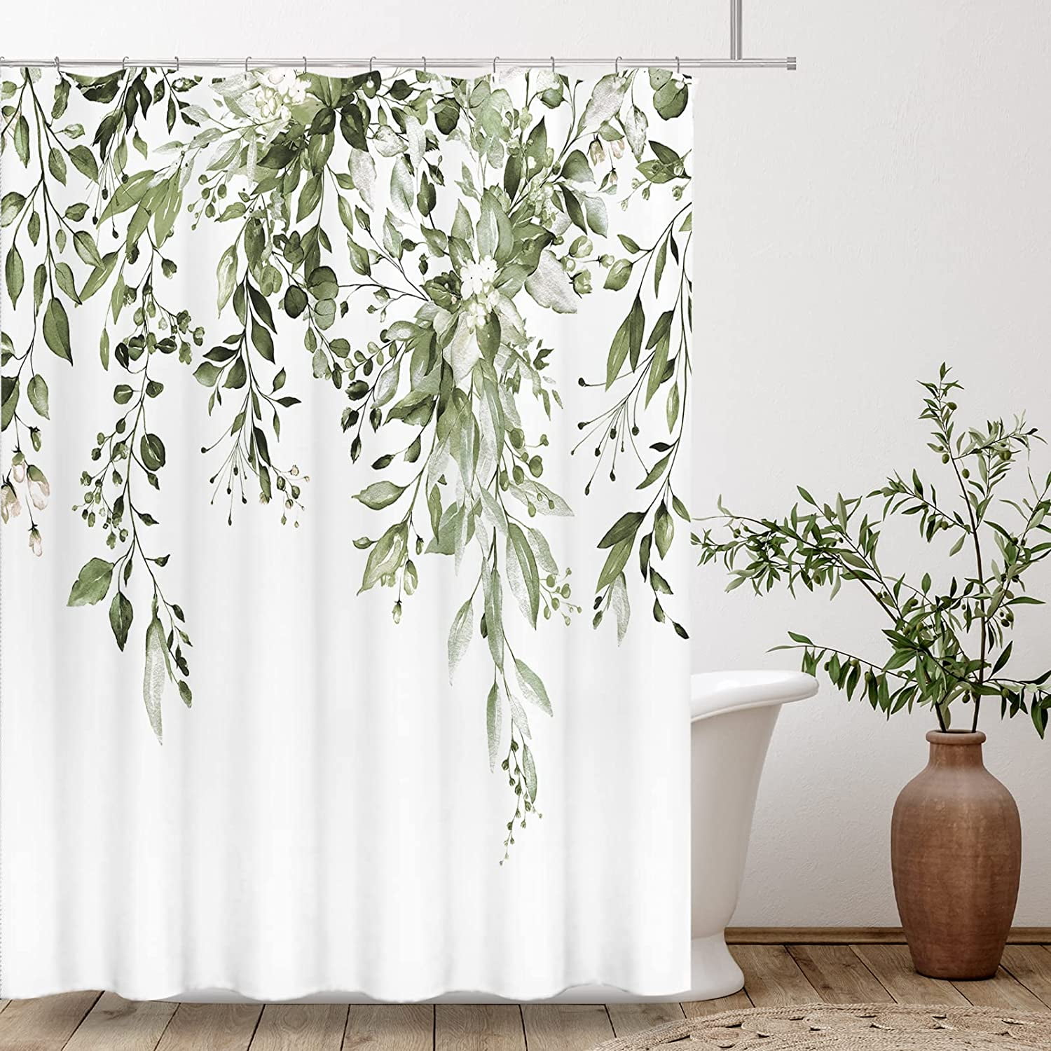 Olive Green Eucalyptus Shower Curtain Sets, Watercolor Leaves on The