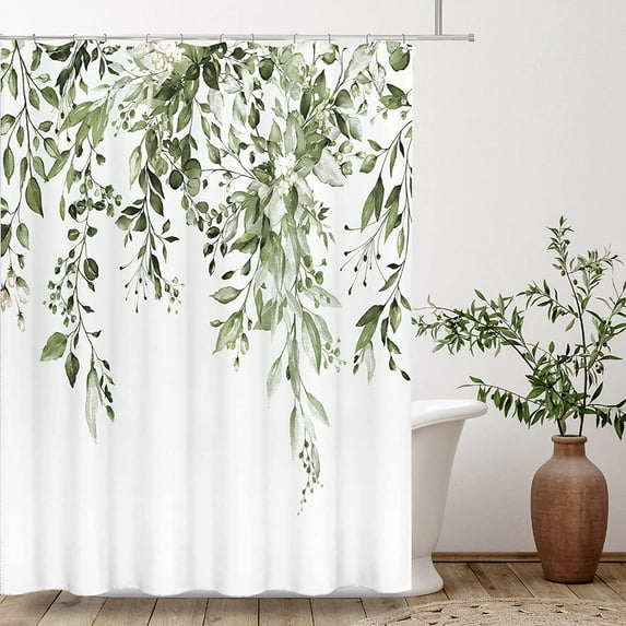 Olive Green Eucalyptus Shower Curtain Sets, Watercolor Leaves on The Top Plant with Floral Bathroom Decoration 72x72 Inch with Hooks