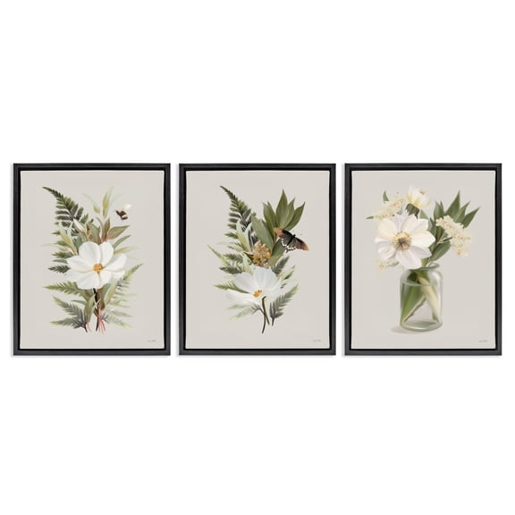 Stupell Industries Country Magnolia Bundles Floral Painting Black Floater Framed Canvas Art Print Wall Art, 17 x 21, Set of 3