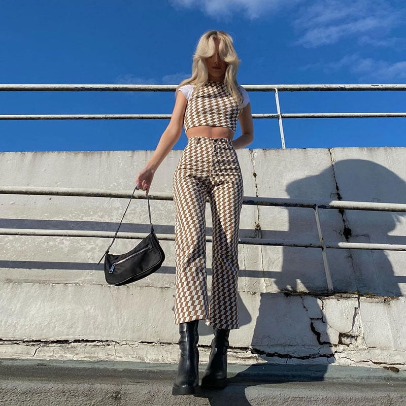 Belita Amy 90s Vintage Plaid Zebra Pattern Straight Brown Pants Y2k Aesthetic Retro Long Trousers Sweatpants Women High Waist Cargo Pants Other