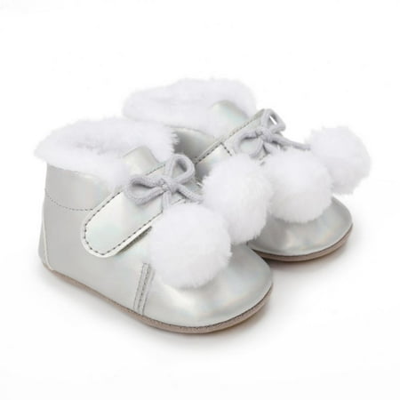 

Monfince Baby Girl Plush Winter Snow Plush Ball Boots Silver 12-18M
