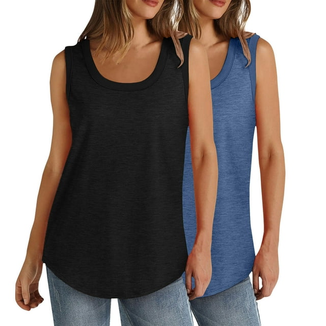 Timegard 2pc Plus Size Tank Tops for Women Round Neck Sleeveless Basic Tshirts Casual Loose Comfy Tops