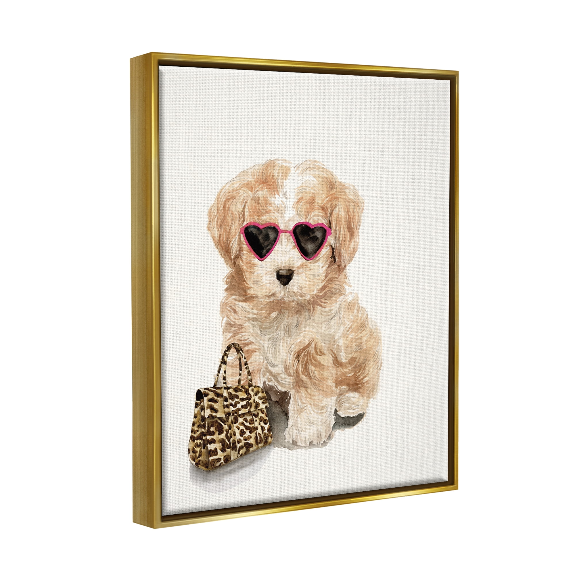 Stupell Industries Trendy Puppy with Purse Animals & Insects Painting Gold Floater Framed Art Print Wall Art, 25 x 31