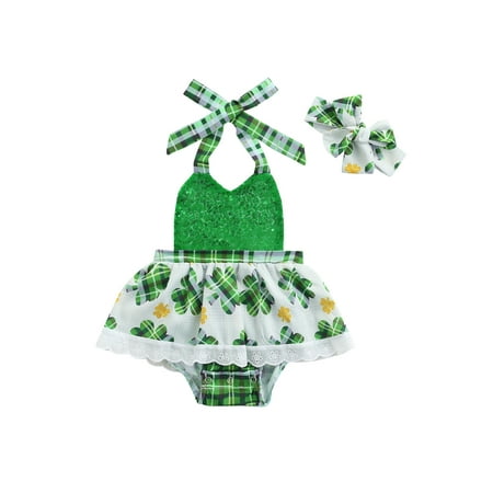 

Newborn Infant Girl Outfits Lucky Clover Romper Dress Sequin Halter Sleeveless Bodysuit Headband
