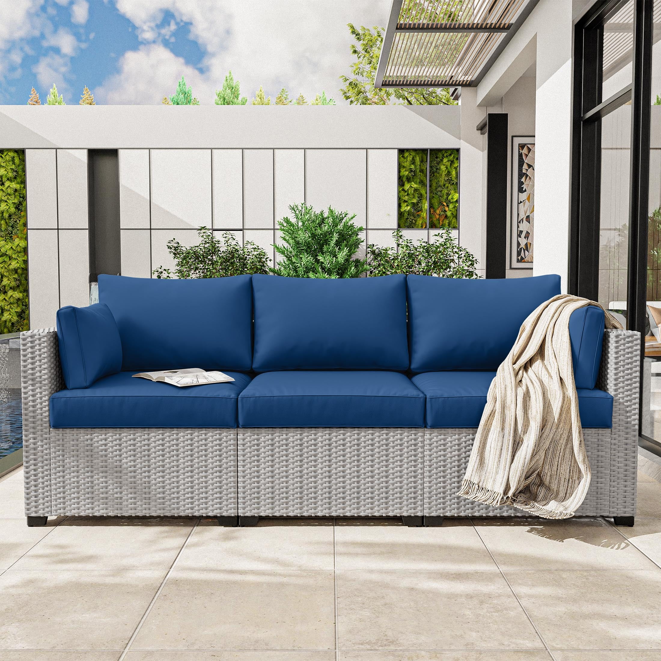 Pakunoda Outdoor Cushions Replacement, 8 Piece Sectional Cushion Fits 3-Seat, 4” Foam Deep Seat, for Patio Rattan Wicker Replacement Cushion, Liner&Cover, Blue
