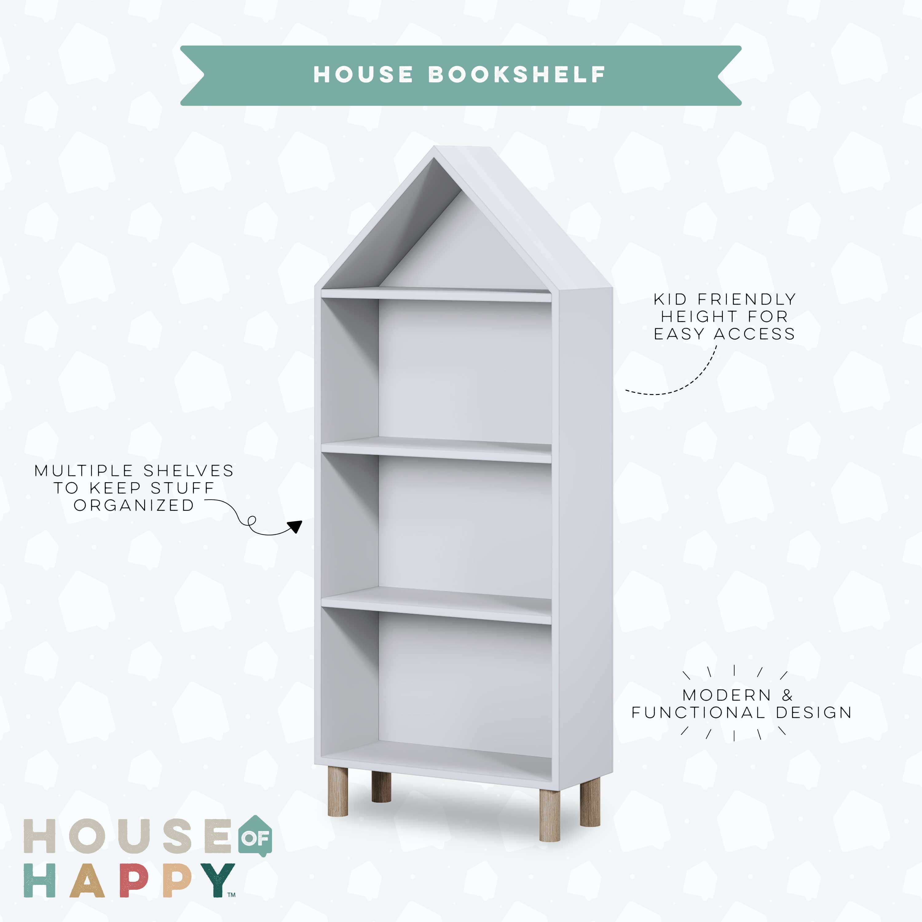 House of Happy, House Shaped Bookshelf, White