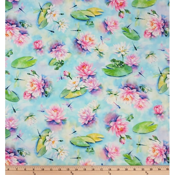 Cotton Wading with Water Lilies Flowers Florals Frogs Lily Pads Dragonflies Hoffman California Fabrics Cotton Fabric Print by the Yard (U5058-352)