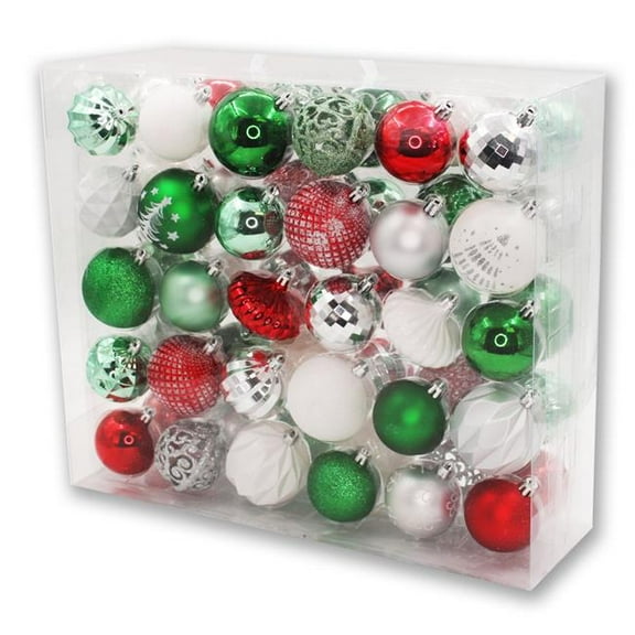 Queens of Christmas ORNPK-BO-MRY-60 Ball & Onion Ornaments, Red, Green & White - Pack of 60