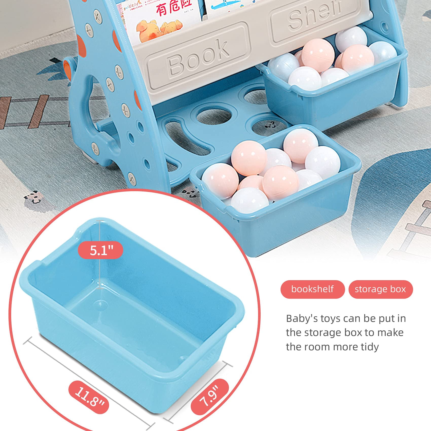 UNICOO® Toddlers Plastic Multi-Layer Bookshelf for Child's Bedroom Playroom, Toy Storage Organizers with 2 Storage Boxes, Children Bookshelf (Light Blue)