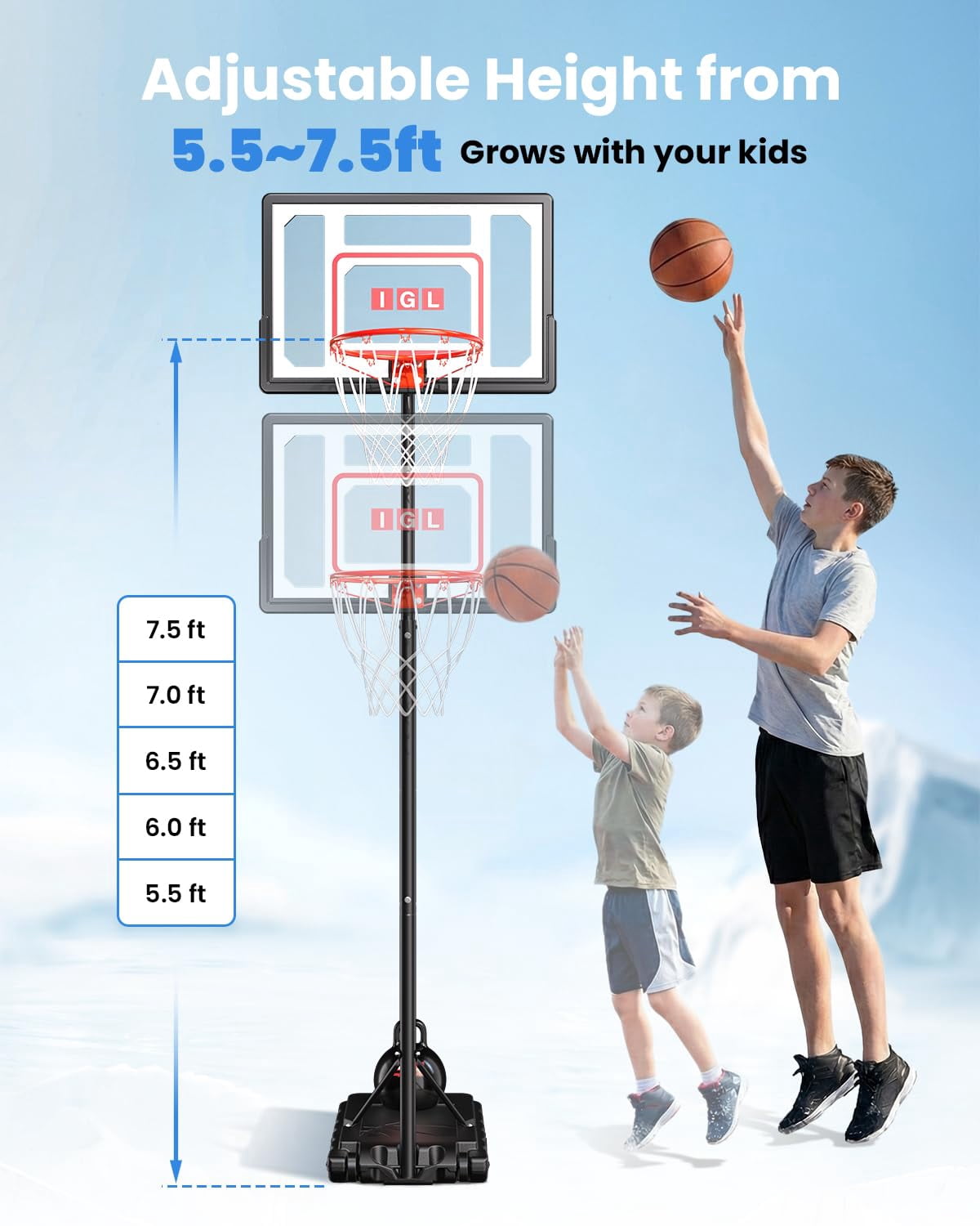 Basketball Hoop Outdoor Adjustable  33 Inch Portable Goal With Pc Backboard Fillable Base & 40 Lb Weight Ball For Backyard Driveway
