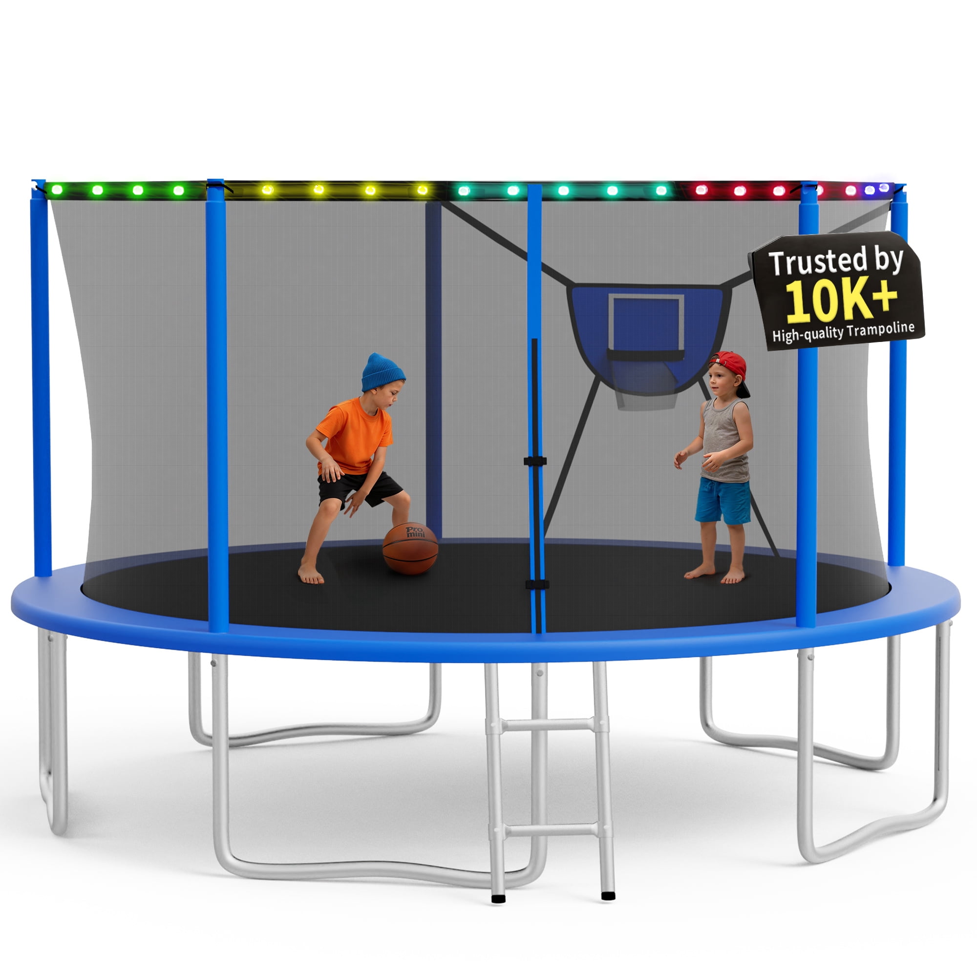 KOFUN Trampoline 14FT with Basketball Hoop for Kids and Adults Capacity 1400LBS Outdoor Backyard Trampoline with Enclosure Net Ladder Light Blue