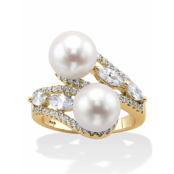 PalmBeach Jewelry Genuine Cultured Freshwater Pearl and Cubic Zirconia Bypass Ring 1.30 TCW in Gold-Plated or Sterling Silver