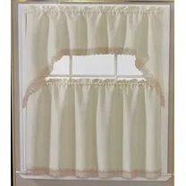 Embroidered Lace Trim 36" Long Kitchen Curtain Tiers and Swag Set