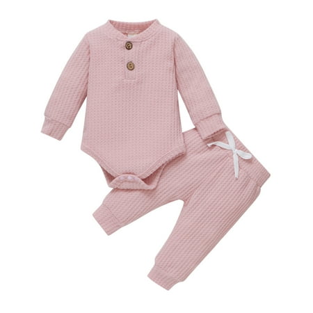 

Sunisery Newborn Baby Girls Fall Winter Clothes Set Ribbed Knit Long Sleeve Romper Tops Pants 2PCS Outfit Pink 3-6 Months