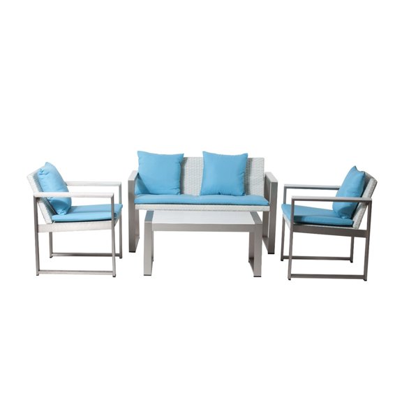 Benzara Outdoor Lounge Set In White/Turquoise (Set of 4)