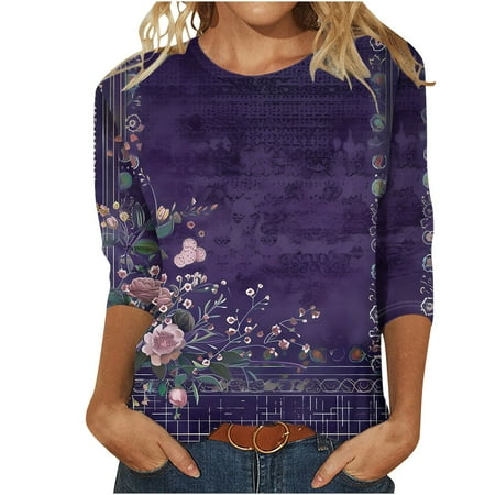 Patlollav 3/4 Length Sleeve Womens Tops 2025 Floral Print Vintage Casual Loose with Round Neck Plus Size Shirts