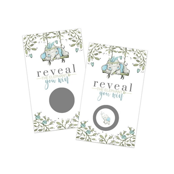 Greenery and Elephant Scratch Off Game Cards - 30 Pack, Boys Baby Shower Raffle, Cute Birthday Activity, Royal Prince Party Favors, Blue & Grey by Paper Clever Party