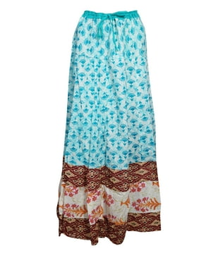 Mogul Women Boho Flowy Long Skirt Blue Floral Print Tiered Gypsy Hippie Chic Maxi Skirts