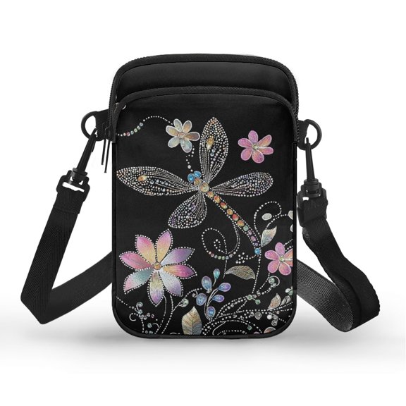 HELLHERO Dragonfly and Floral Pattern Shoulder Bag Polyester 2 Zippers for Daily Commute or Casual Outings