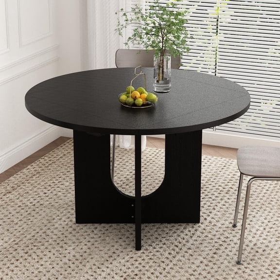 Extendable Square Dining Table for 2-4, 33"-47" Round Kitchen Table with Foldable Leaves and Cross Base, Space Saving Wood Grain Dining Room Furniture, Black