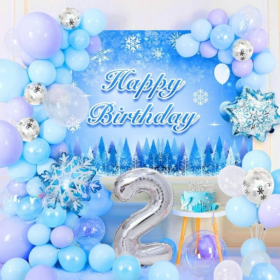 2nd Frozen Birthday Decoration Girls,Frozen Balloon Garland Arch Kit with Background Poster,Birthday Cake Topper,White Blue Purple Confetti Foil Balloons,Snowflake Balloons for Princess Party
